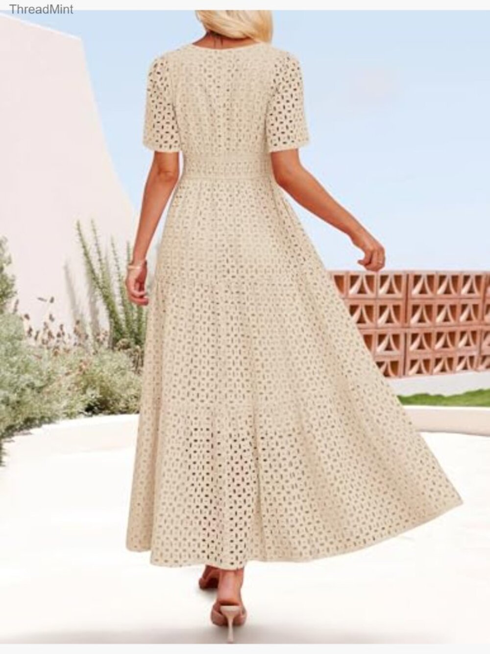 Summer Maxi Dress V Neck Short Sleeve Eyelet Ruffle A Line Casual - Picture 4 of 7